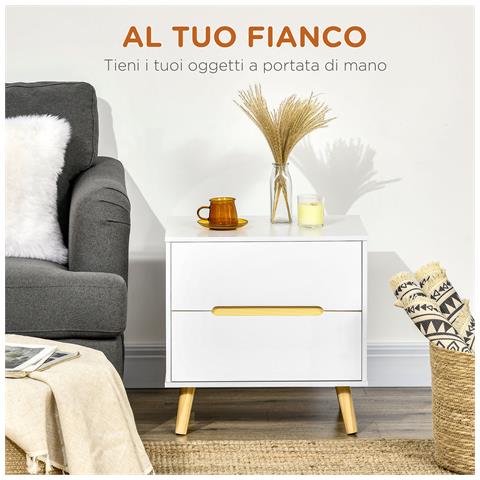 Comodino Moderno Con 2 Cassetti In Truciolato E Gambe In Legno Di Pino, 50lx40px50.5a Cm, Bianco - Foto 6