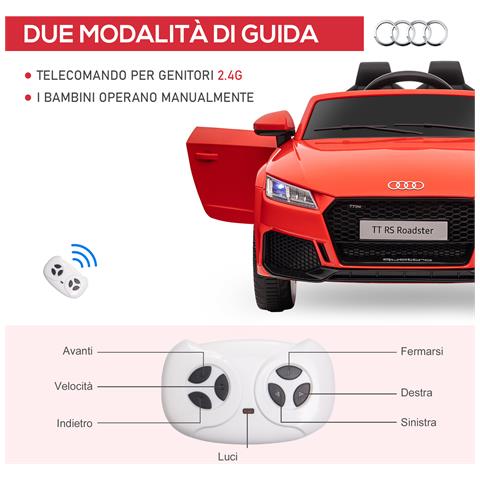 Macchina Elettrica per Bambini 3-5 Anni Licenza AUDI TT con Telecomando e Fari LED, 102x60x44 cm, Rosso - Foto 6