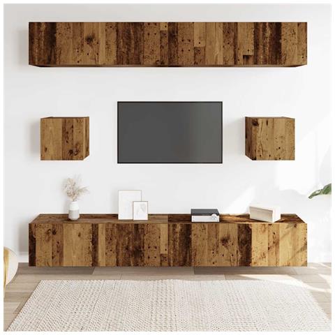 Set Mobile Tv 6 Pz Montato A Parete Legno Antico In Truciolato - Foto 3