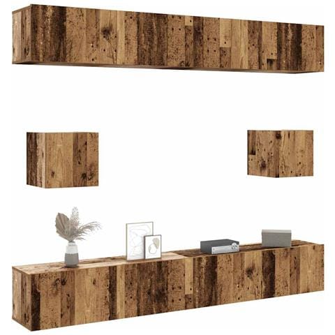 Set Mobile Tv 6 Pz Montato A Parete Legno Antico In Truciolato - Foto 1