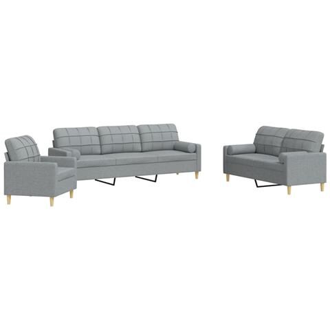 Set Divani 3 Pz Con Cuscini Decorativi Grigio Chiaro In Tessuto - Foto 2