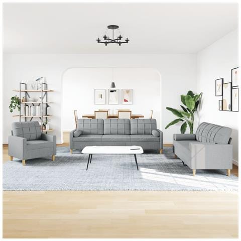 Set Divani 3 Pz Con Cuscini Decorativi Grigio Chiaro In Tessuto - Foto 3