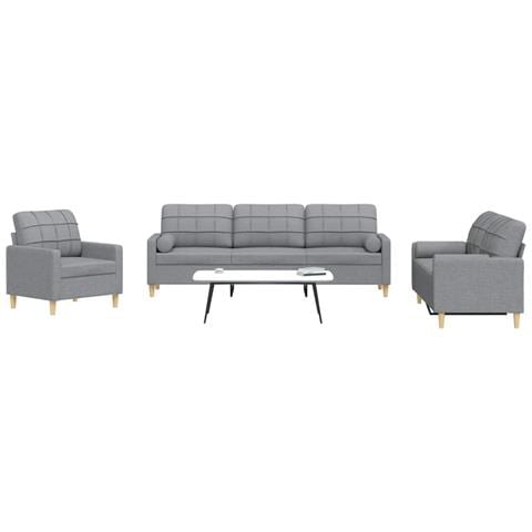 Set Divani 3 Pz Con Cuscini Decorativi Grigio Chiaro In Tessuto - Foto 1