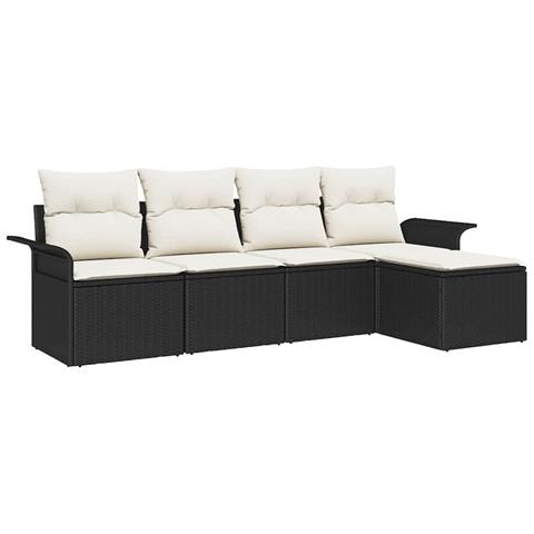 Set di divani da giardino 5 pezzi con cuscini in polyrattan nero, Divano da giardino 2 posti con spazio di stoccaggio e cuscini in polyrattan nero - Foto 1