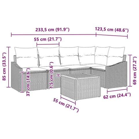 Set di divano da giardino in 6 pezzi con cuscini Grigio Rattan plastico Acacia - Foto 9