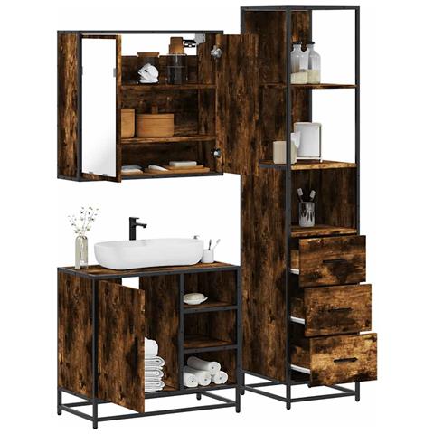 Set Mobili da Bagno 3 pz Rovere Fumo in Legno Multistrato - Foto 2