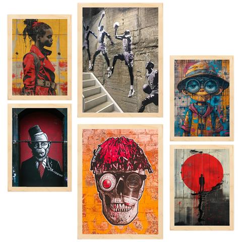 Set Di 6 Stampe Pittura Decorativa, Graffiti, Street Art, Illustrazioni Murali A Colori A3 & A4 Telaio In Legno Chiaro - Foto 1