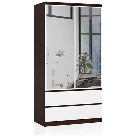 Armadio A 2 Ante Battenti E Cassetti S90 con specchio, 90x51x180 cm, Weng? e Bianco - Foto 1