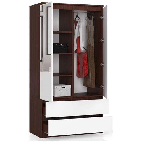 Armadio A 2 Ante Battenti E Cassetti S90 con specchio, 90x51x180 cm, Weng? e Bianco - Foto 2