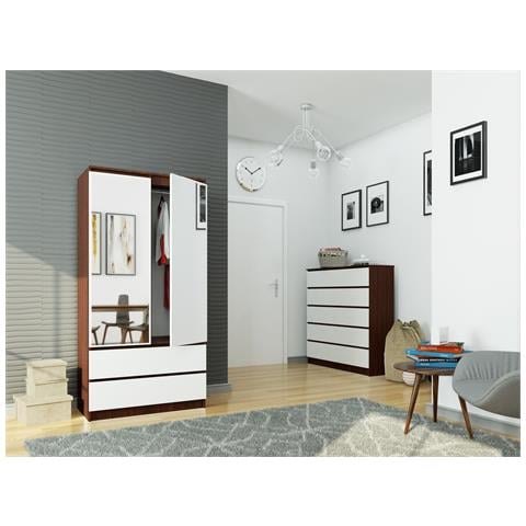 Armadio A 2 Ante Battenti E Cassetti S90 con specchio, 90x51x180 cm, Weng? e Bianco - Foto 5