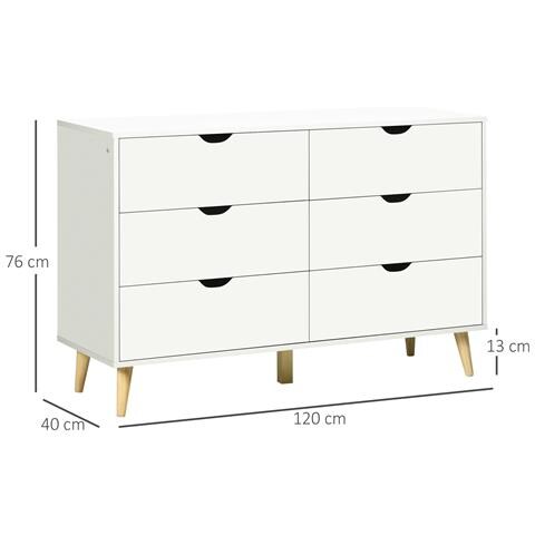 Cassettiera 6 Cassetti Con Maniglie Laminate, In Legno Di Pino, 120x40x76 Cm, Bianca E Color Legno - Foto 2