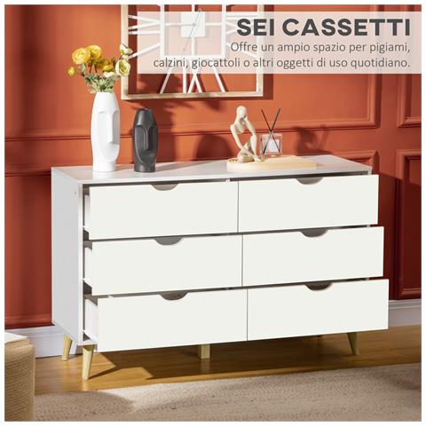 Cassettiera 6 Cassetti Con Maniglie Laminate, In Legno Di Pino, 120x40x76 Cm, Bianca E Color Legno - Foto 6