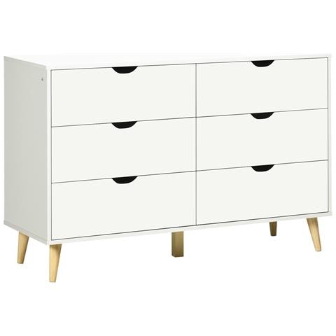 Cassettiera 6 Cassetti Con Maniglie Laminate, In Legno Di Pino, 120x40x76 Cm, Bianca E Color Legno - Foto 1