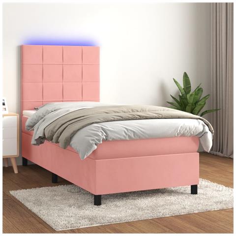 Letto A Molle Con Materasso E Led Rosa 100x200 Cm In Velluto - Foto 8