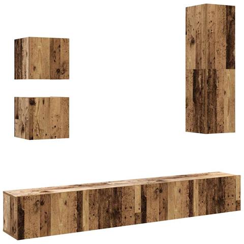 Set Mobile Tv 5 Pz Montato A Parete Legno Antico In Truciolato - Foto 2