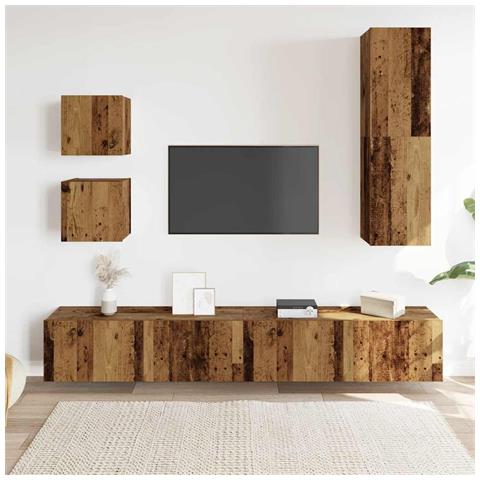 Set Mobile Tv 5 Pz Montato A Parete Legno Antico In Truciolato - Foto 3