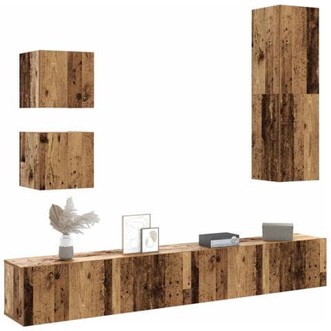 Set Mobile Tv 5 Pz Montato A Parete Legno Antico In Truciolato - Foto 1