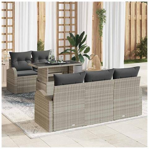 Set di Divano da Giardino in 6 Pezzi con Cuscini Rattan Poliestere Grigio Chiaro - Foto 2