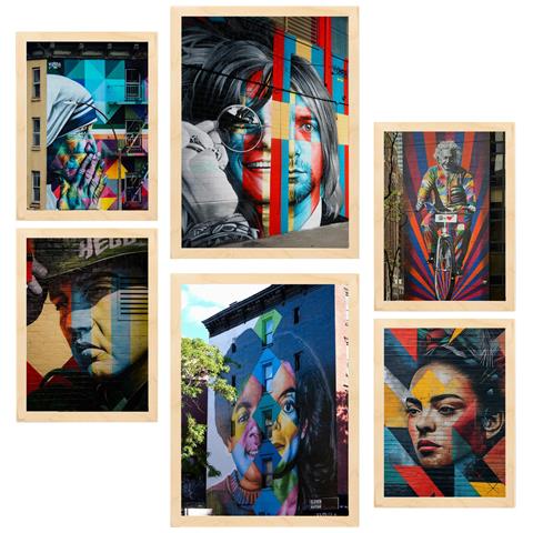 Set Di 6 Stampe Dipinto Decorativo Graffiti Street Art Nirvana Jopplin Frida Presley Incorniciato Con Illustrazioni A3 & A4 Telaio In Legno Chiaro - Foto 1