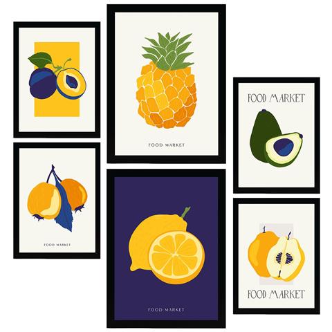 Set Di 6 Stampe Cibo E Nutrizione Frutti Tropicali Natura E Stampe Botaniche Per L'interior Design A3 & A4 Cornice Nera - Foto 1