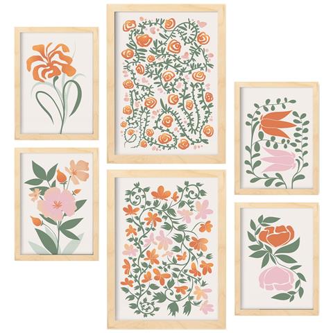 Set Di 6 Stampe Dipinti Decorativi Estetici Astratti Con Fiori Fustigati Per Il Tuo Soggiorno Di Casa A3 & A4 Telaio In Legno Chiaro - Foto 1