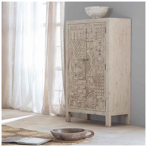 Armadio In Legno Intagliato Artigianalmente A 2 Ante Beige 78x35x140 - Foto 2