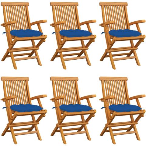 Sedie da Giardino con Cuscini Blu 6 pz in Massello di Teak - Foto 1