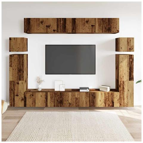 Set Mobile Tv 8 Pz Montato A Parete Legno Antico In Truciolato - Foto 3
