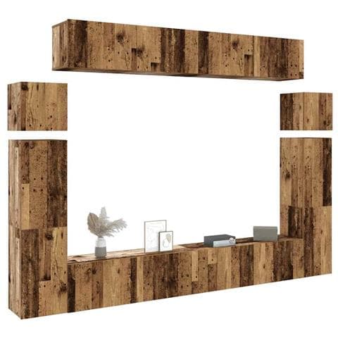 Set Mobile Tv 8 Pz Montato A Parete Legno Antico In Truciolato - Foto 1