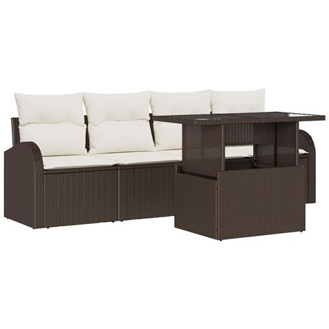 Set di divani da giardino  5 pezzi con cuscini in rattan poligonale marrone, Divano da giardino  2 posti con spazio di stoccaggio e cuscini in rattan poligonale marrone - Foto 1