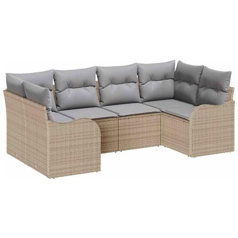 Set divano da giardino 6 pezzi con cuscini beige in polirattan,  Divano da giardino a 2 posti con cuscini beige in polirattan - Foto 1