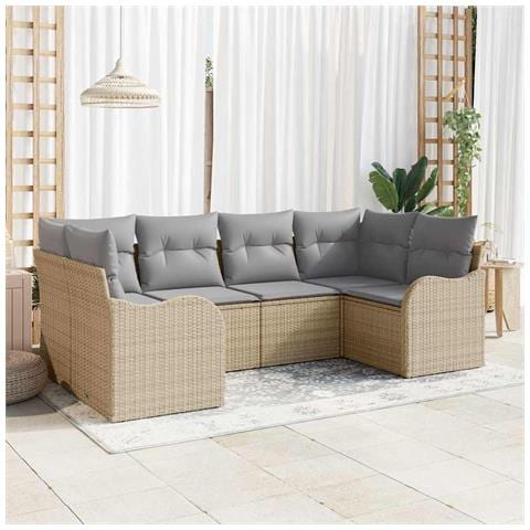 Set divano da giardino 6 pezzi con cuscini beige in polirattan,  Divano da giardino a 2 posti con cuscini beige in polirattan - Foto 2