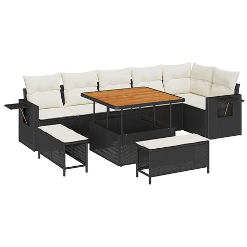 Set Divano da Giardino 9 Pezzi con Cuscini Nero Rattan Polietilene Acacia, Set da Pranzo da Giardino 3 Pezzi con Cuscini Nero Rattan Polietilene Acacia - Foto 1