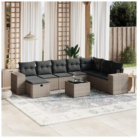 Set Divano da Giardino 9 pz con Cuscini Grigio in Polyrattan - Foto 2