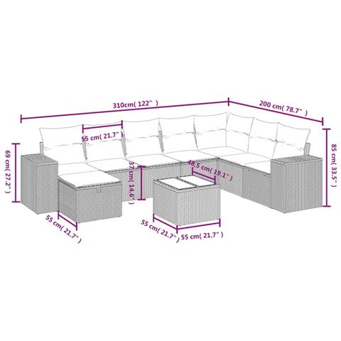 Set Divano da Giardino 9 pz con Cuscini Grigio in Polyrattan - Foto 4