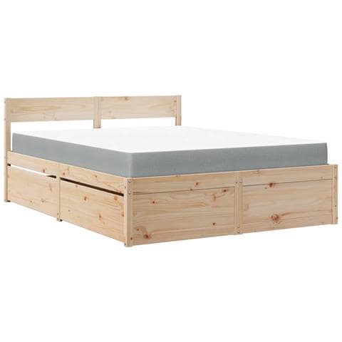 Letto con Cassetti e Materasso 140x200 cm Legno Massello Pino - Foto 1