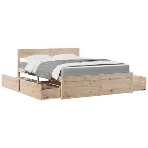 Letto con Cassetti e Materasso 140x200 cm Legno Massello Pino - Foto 2