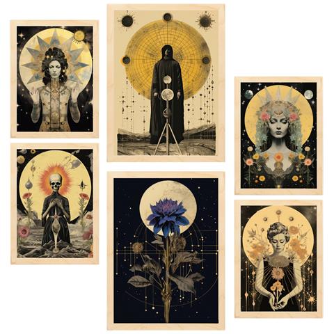 Set Di 6 Stampe Dipinto Decorativo Collage Surreale In Mistico Ed Esoterico Stella Incorniciata Con Illustrazioni A3 & A4 Telaio In Legno Chiaro - Foto 1