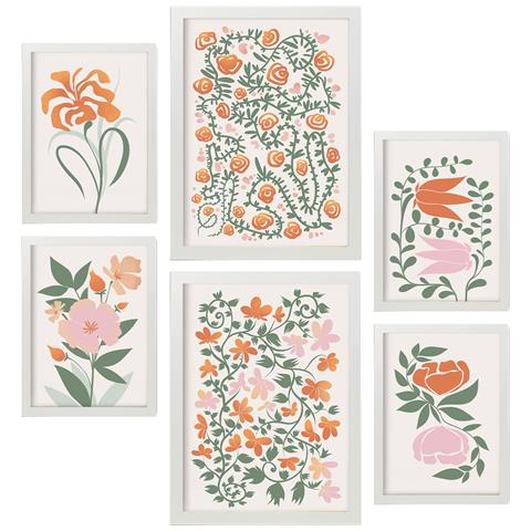 Set Di 6 Stampe Dipinti Decorativi Estetici Astratti Con Fiori Fustigati Per Il Tuo Soggiorno, Camera Da Letto, Casa A3 & A4 Cornice Bianca - Foto 1