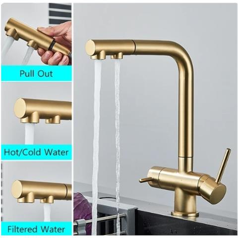 Rubinetto per lavello da cucina, Blackswan, tipo M348, modello oro opaco con uscita acqua purificata e doccia mobile, dimensioni 31,5 cm - Foto 2