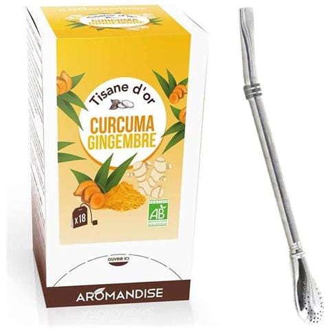 Tè Alle Erbe Biologiche Con Curcuma E Zenzero 20 Sacchetti + Cannuccia In Acciaio Inox Con Filtro - Foto 1