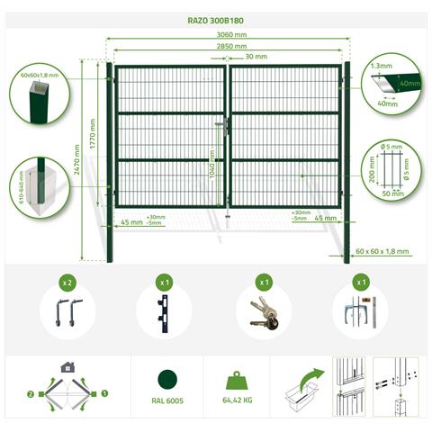 Cancello Battente In Rete Verde Razo 3m H.180cm - Foto 8