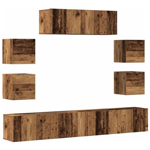 Set Mobile Tv 7 Pz Montato A Parete Legno Antico In Truciolato - Foto 2