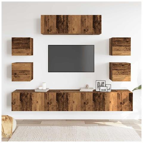 Set Mobile Tv 7 Pz Montato A Parete Legno Antico In Truciolato - Foto 3