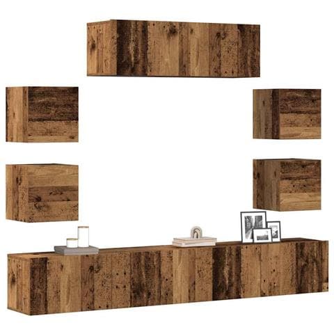 Set Mobile Tv 7 Pz Montato A Parete Legno Antico In Truciolato - Foto 1