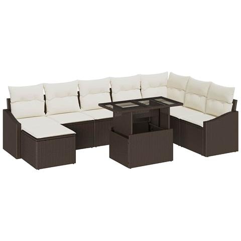 Set da giardino 9 pezzi con cuscini in polirattan marrone - Foto 1