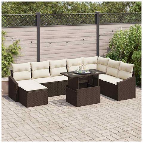 Set da giardino 9 pezzi con cuscini in polirattan marrone - Foto 2