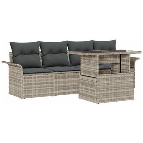 Set di divani da giardino 5 pezzi con cuscini in rattan sintetico grigio chiaro, Divano da giardino 2 posti con spazio di stoccaggio e cuscini in rattan sintetico grigio chiaro - Foto 1