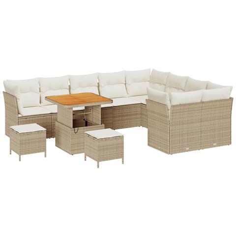 Set Divano da Giardino  12 Pezzi con Cuscini Beige Polyrattan Acacia, Set da Pranzo da Giardino  3 Pezzi con Cuscini Beige Polyrattan Acacia - Foto 1