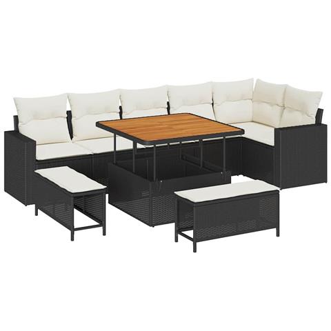 Set divano da giardino 9 pezzi con cuscini Nero Rattan Polietilene Acacia, Set da pranzo da giardino 3 pezzi con cuscini Nero Rattan Polietilene Acacia - Foto 1